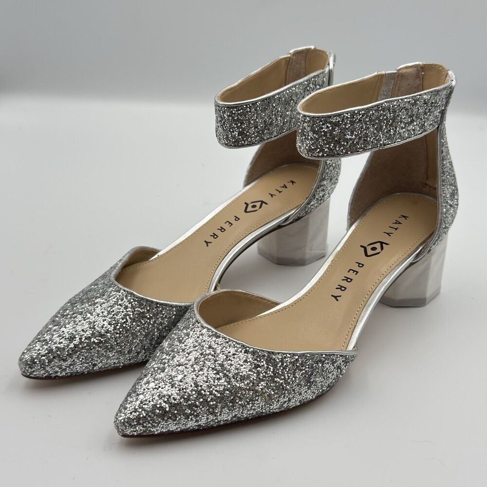Katy Perry Collections The Jo Silver Glitter Heels with Ankle Strap Size 7.5 M